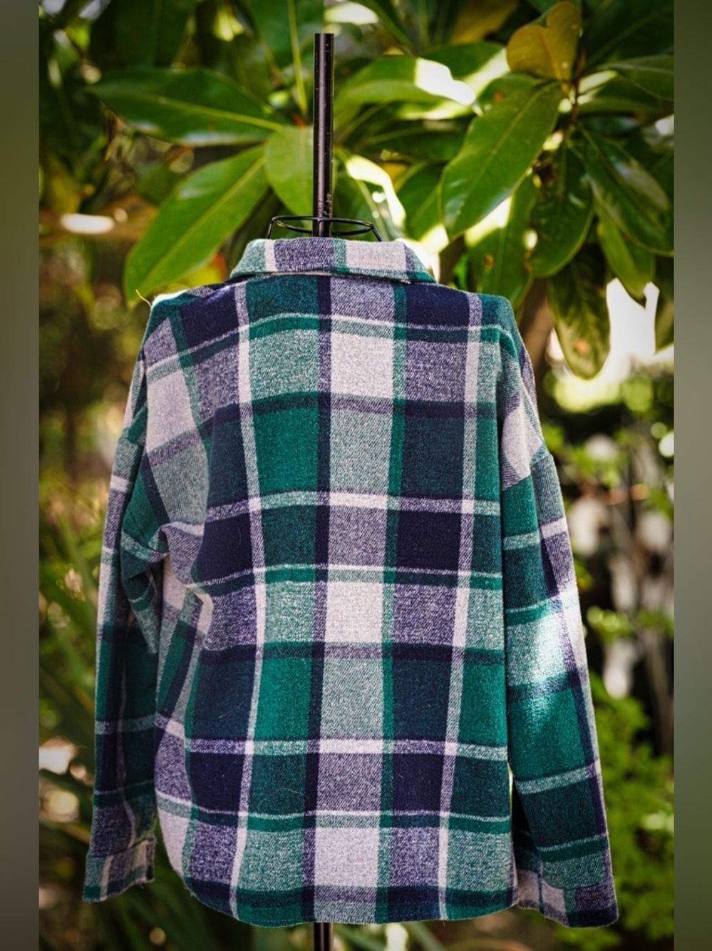 Green & Navy Plaid Flannel Shacket - Oversized Button Down - Picture 5 of 7